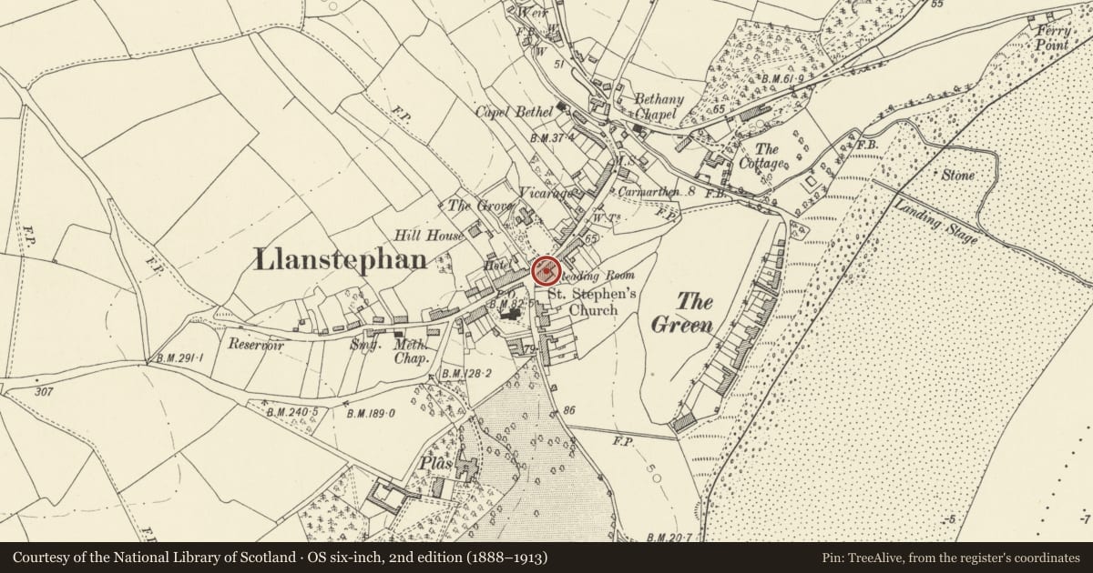 Ordnance Survey six-inch map, 2nd edition (1888–1913) covering the location of Cartref, Llansteffan, Carmarthenshire, with a pin at the register's coordinates
