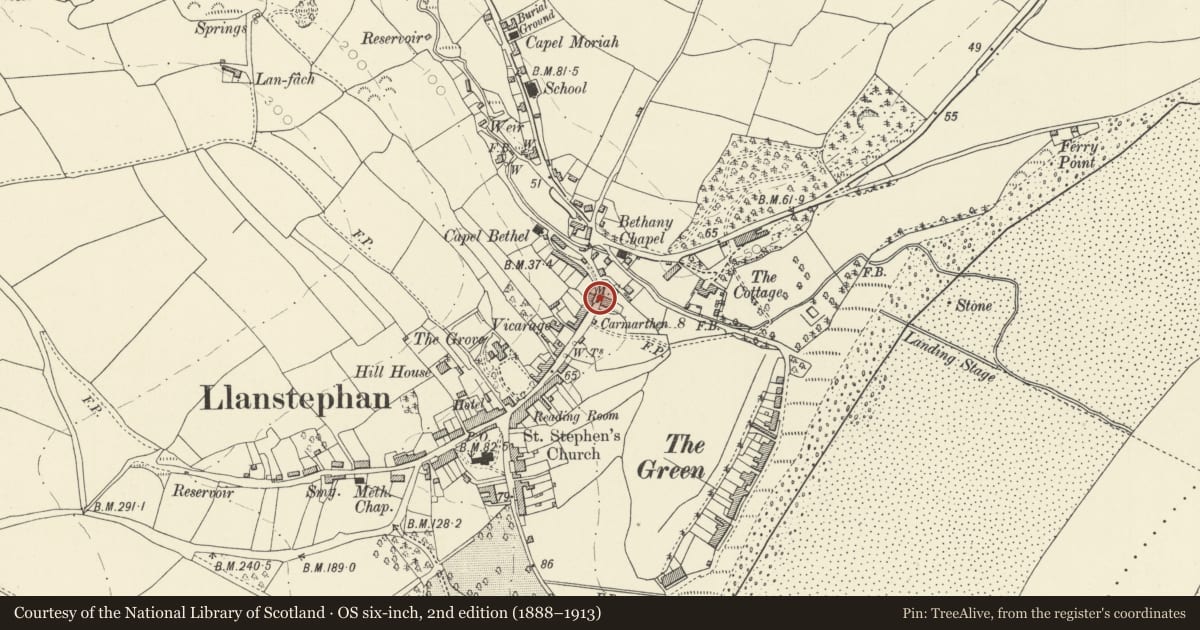 Ordnance Survey six-inch map, 2nd edition (1888–1913) covering the location of Milestone, Llansteffan, Carmarthenshire, with a pin at the register's coordinates
