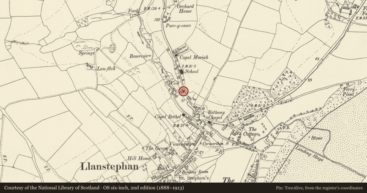 Ordnance Survey six-inch map, 2nd edition (1888–1913) covering the location of Well Cottage with forecourt railings and gate, Llansteffan, Carmarthenshire, with a pin at the register's coordinates
