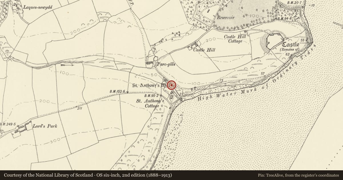 Ordnance Survey six-inch map, 2nd edition (1888–1913) covering the location of St Anthony's Well, Llansteffan, Carmarthenshire, with a pin at the register's coordinates