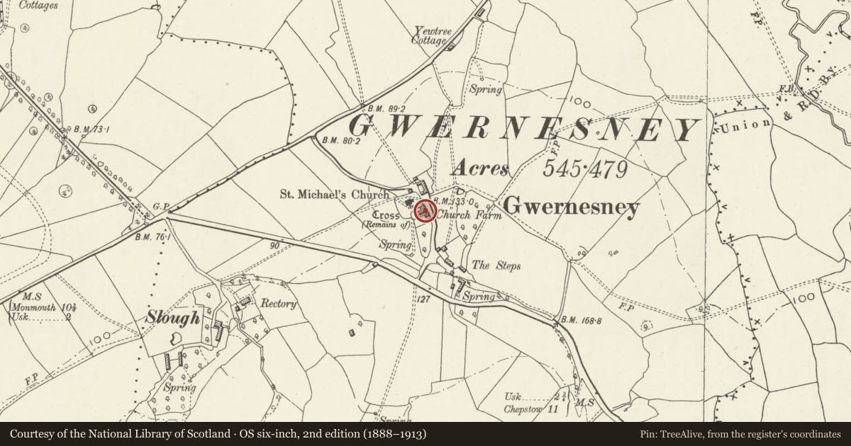 Ordnance Survey six-inch map, 2nd edition (1888–1913) covering the location of Church Farmhouse, Llantrisant Fawr, Monmouthshire, with a pin at the register's coordinates