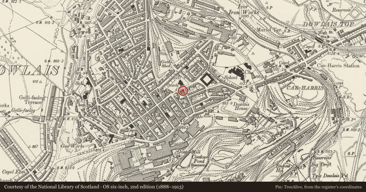 Ordnance Survey six-inch map, 2nd edition (1888–1913) covering the location of Dowlais Public Library, Merthyr Tydfil, with a pin at the register's coordinates