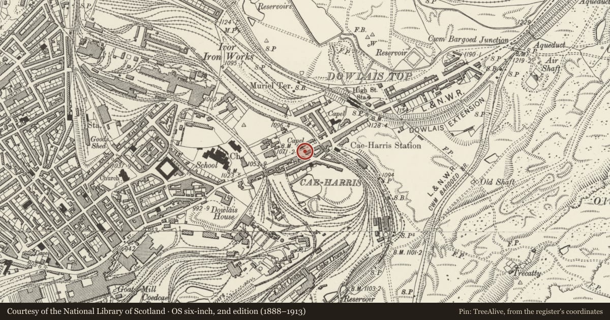 Ordnance Survey six-inch map, 2nd edition (1888–1913) covering the location of Mile Post, Dowlais, Merthyr Tydfil, with a pin at the register's coordinates