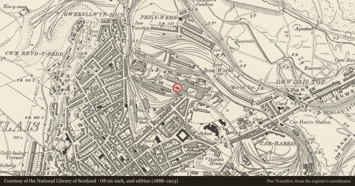 Ordnance Survey six-inch map, 2nd edition (1888–1913) covering the location of Industrial building at former Ivor Works, Dowlais, Merthyr Tydfil, with a pin at the register's coordinates