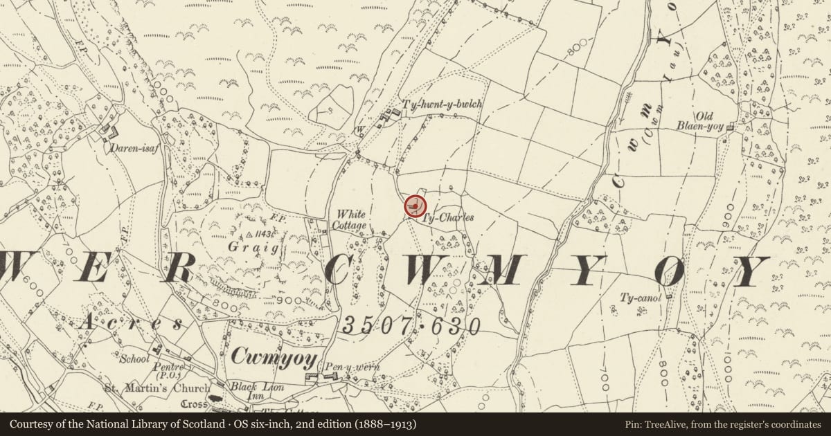 Ordnance Survey six-inch map, 2nd edition (1888–1913) covering the location of Ty Charles, Crucorney, Monmouthshire, with a pin at the register's coordinates