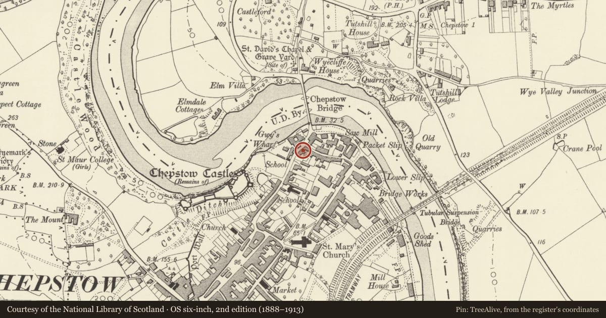 Ordnance Survey six-inch map, 2nd edition (1888–1913) covering the location of The Boat House, Chepstow, Monmouthshire, with a pin at the register's coordinates