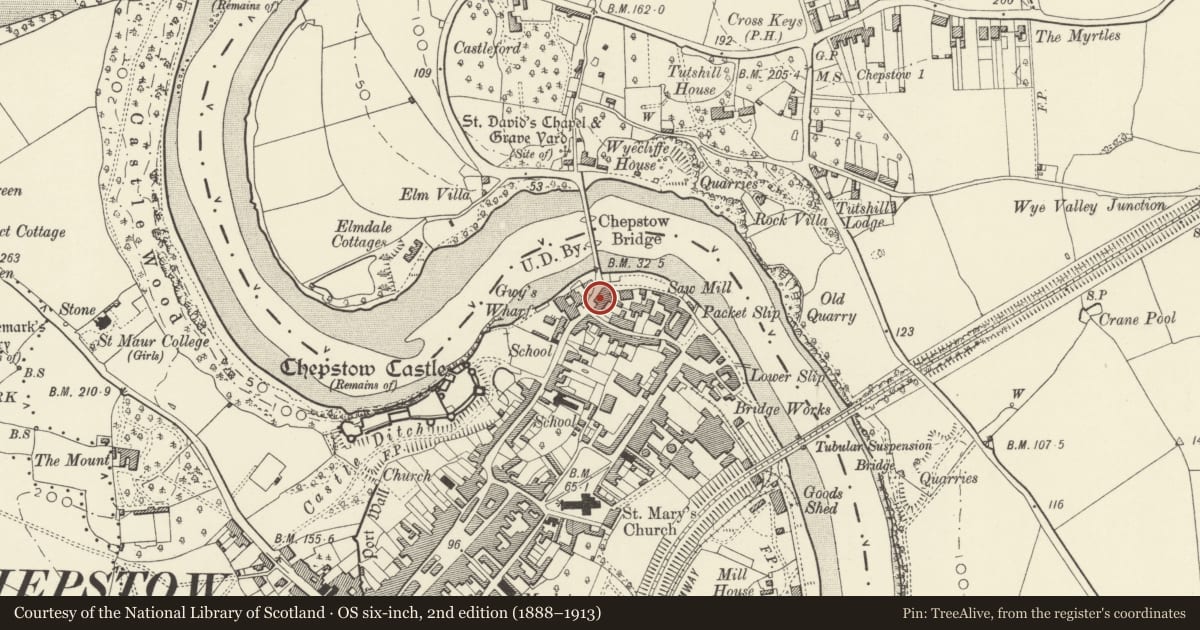 Ordnance Survey six-inch map, 2nd edition (1888–1913) covering the location of 24a Bridge Street, Chepstow, Monmouthshire, with a pin at the register's coordinates