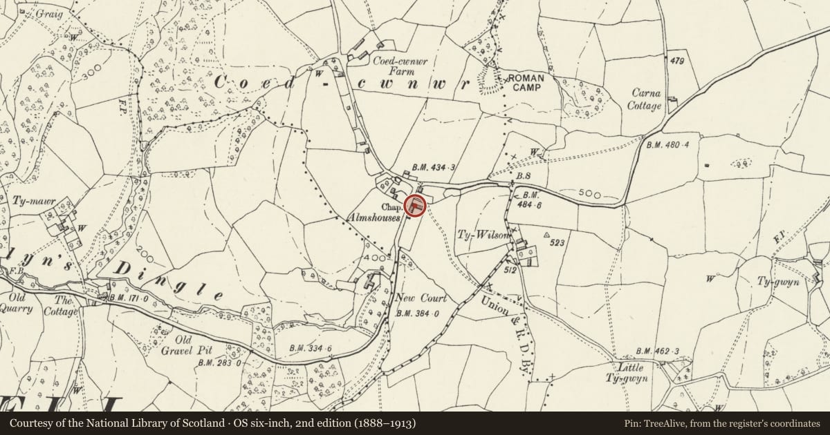 Ordnance Survey six-inch map, 2nd edition (1888–1913) covering the location of The Almshouses, Llantrisant Fawr, Monmouthshire, with a pin at the register's coordinates