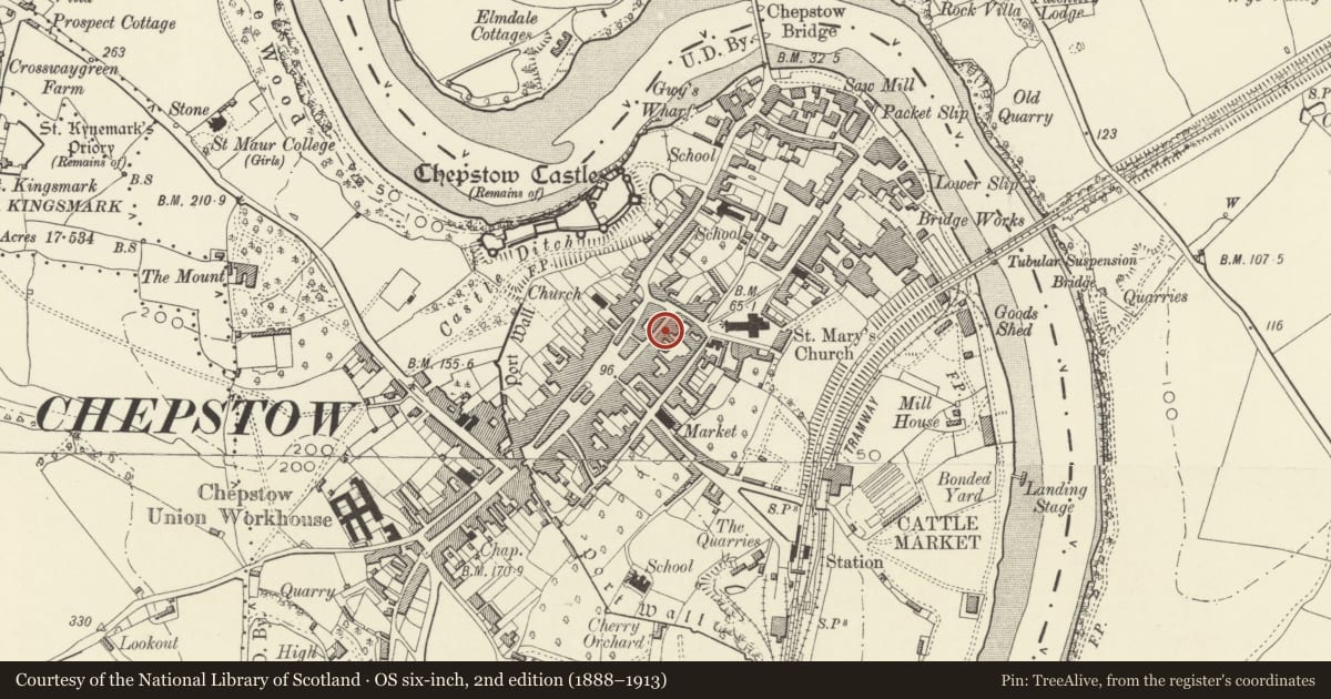 Ordnance Survey six-inch map, 2nd edition (1888–1913) covering the location of 11 St Mary Street, Chepstow, Monmouthshire, with a pin at the register's coordinates