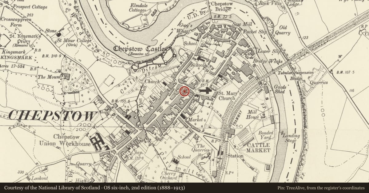 Ordnance Survey six-inch map, 2nd edition (1888–1913) covering the location of 12 St Mary Street, Chepstow, Monmouthshire, with a pin at the register's coordinates
