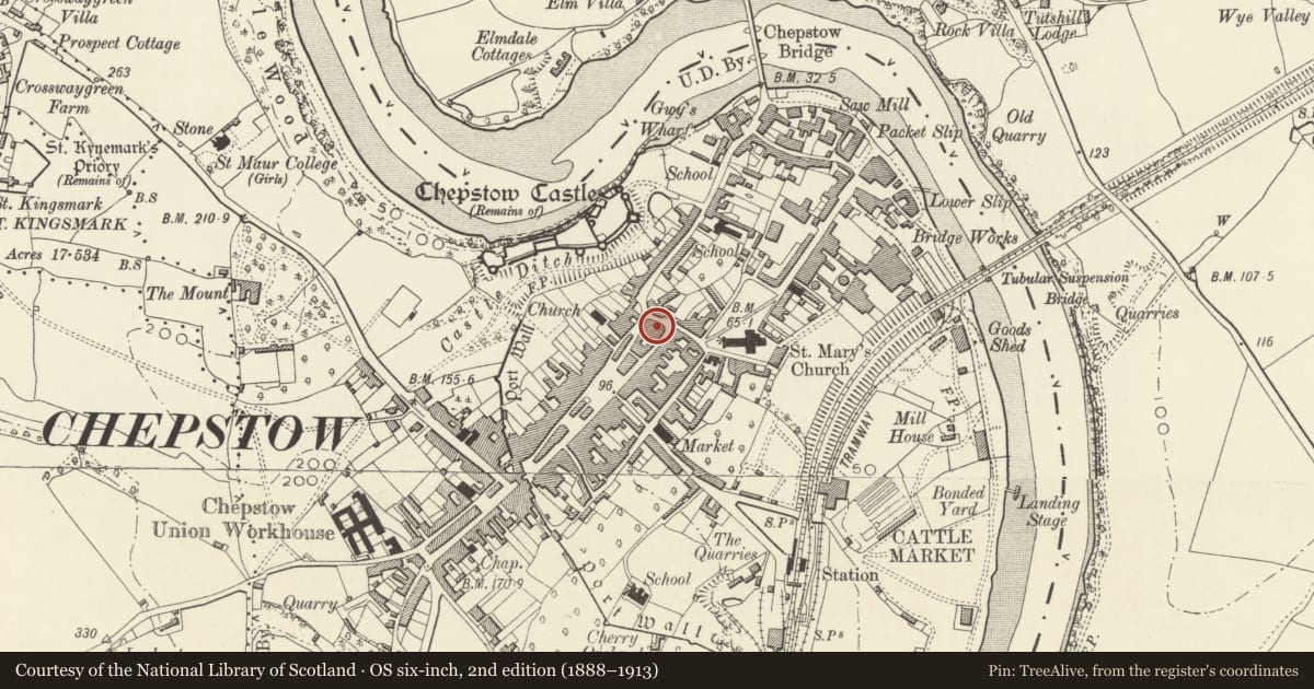 Ordnance Survey six-inch map, 2nd edition (1888–1913) covering the location of 15&16 Upper Church Street, Chepstow, Monmouthshire, with a pin at the register's coordinates