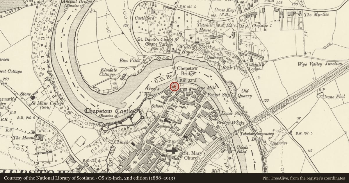 Ordnance Survey six-inch map, 2nd edition (1888–1913) covering the location of 26 Bridge Street, Chepstow, Monmouthshire, with a pin at the register's coordinates