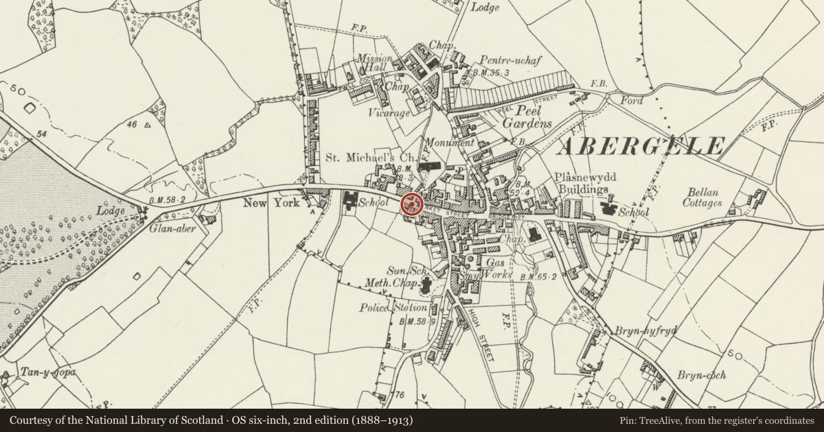 Ordnance Survey six-inch map, 2nd edition (1888–1913) covering the location of Telephone Call-box outside the Harp Inn, Abergele, Conwy, with a pin at the register's coordinates