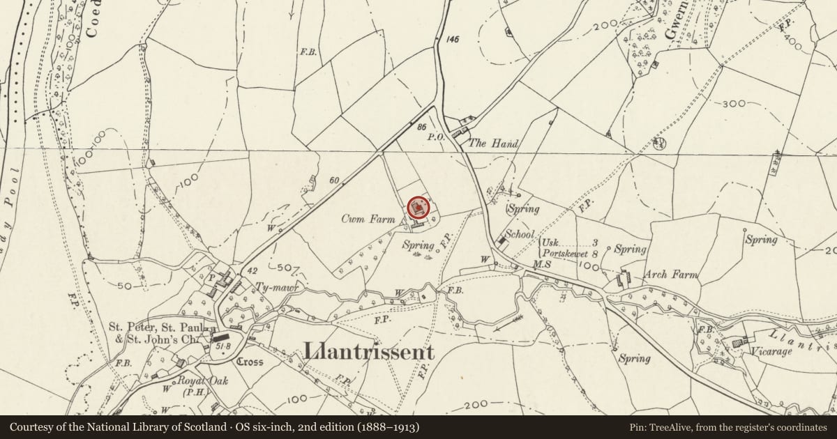 Ordnance Survey six-inch map, 2nd edition (1888–1913) covering the location of The Cwm, Llantrisant Fawr, Monmouthshire, with a pin at the register's coordinates
