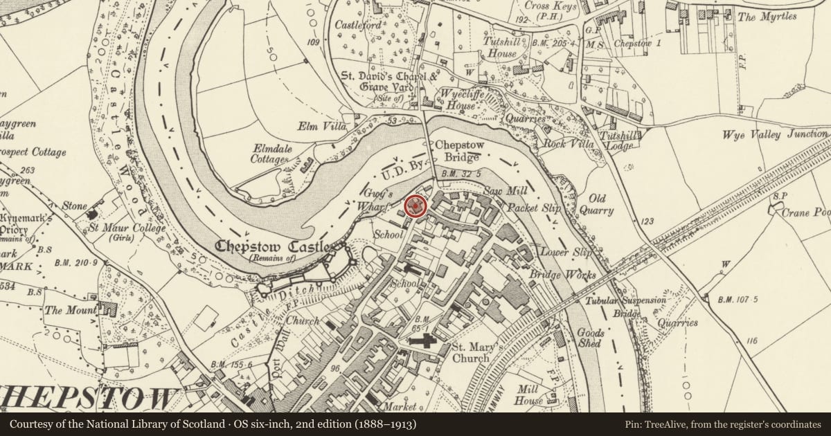 Ordnance Survey six-inch map, 2nd edition (1888–1913) covering the location of 29 Bridge Street, Chepstow, Monmouthshire, with a pin at the register's coordinates