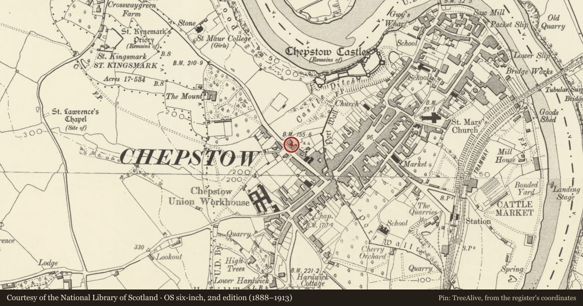 Ordnance Survey six-inch map, 2nd edition (1888–1913) covering the location of Boscobell Chambers including railings, Chepstow, Monmouthshire, with a pin at the register's coordinates