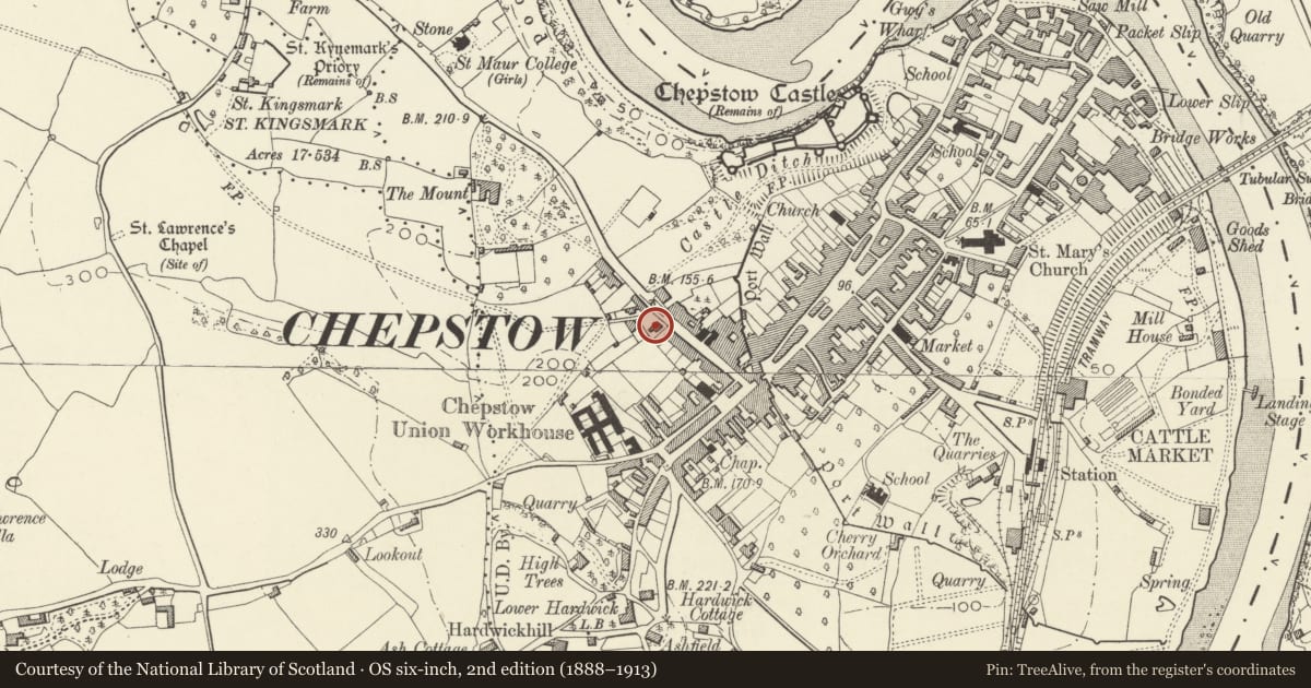 Ordnance Survey six-inch map, 2nd edition (1888–1913) covering the location of Llanover Lodge, Chepstow, Monmouthshire, with a pin at the register's coordinates