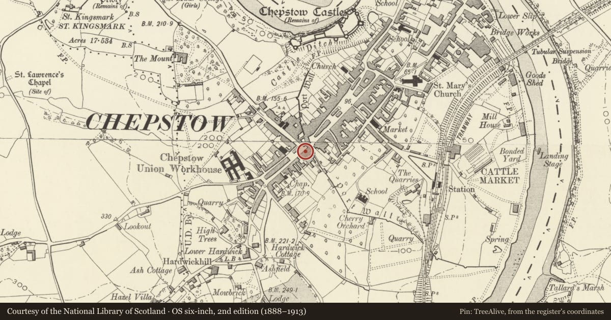 Ordnance Survey six-inch map, 2nd edition (1888–1913) covering the location of The George Hotel, Chepstow, Monmouthshire, with a pin at the register's coordinates