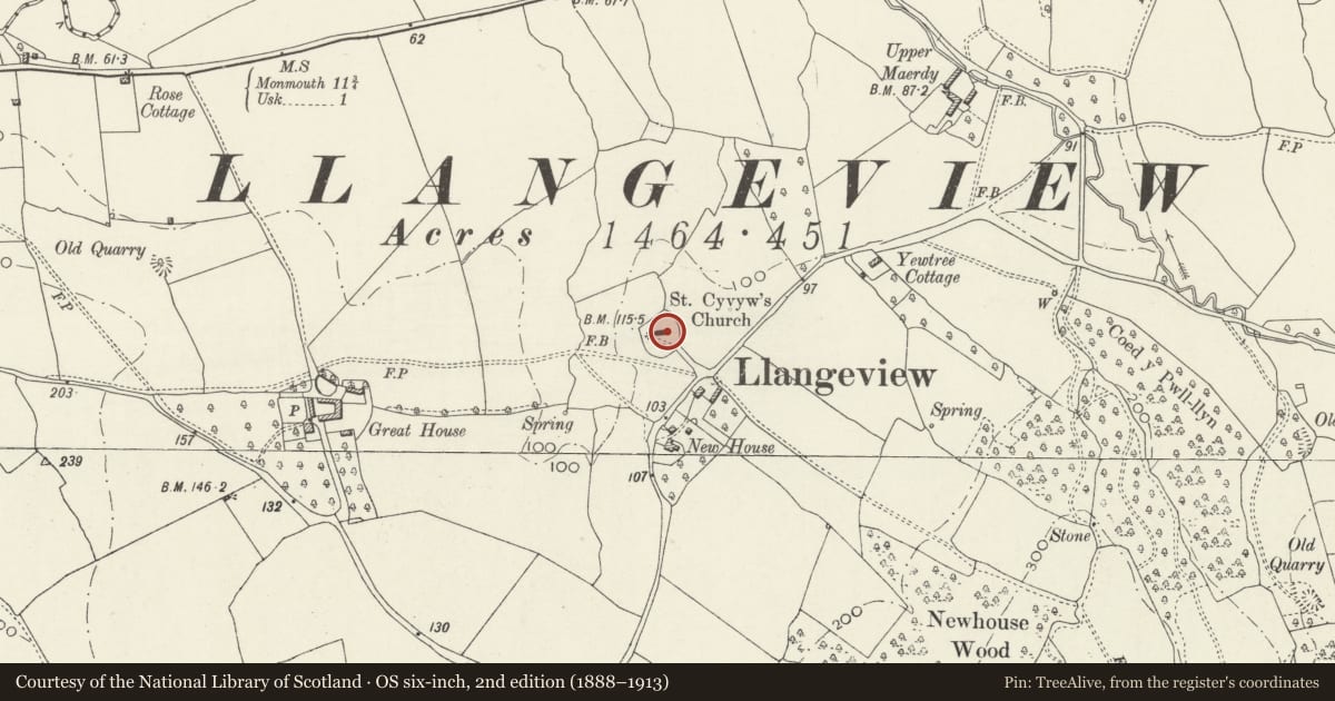 Ordnance Survey six-inch map, 2nd edition (1888–1913) covering the location of Church of St David, Llantrisant Fawr, Monmouthshire, with a pin at the register's coordinates