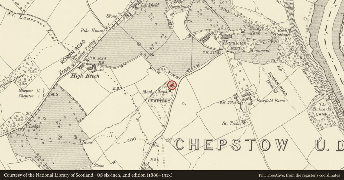 Ordnance Survey six-inch map, 2nd edition (1888–1913) covering the location of Cemetery Lodge, Chepstow, Monmouthshire, with a pin at the register's coordinates