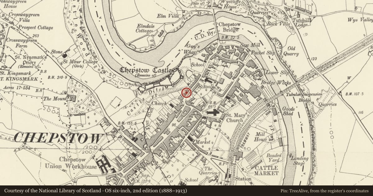Ordnance Survey six-inch map, 2nd edition (1888–1913) covering the location of 47a Bridge Street, Chepstow, Monmouthshire, with a pin at the register's coordinates