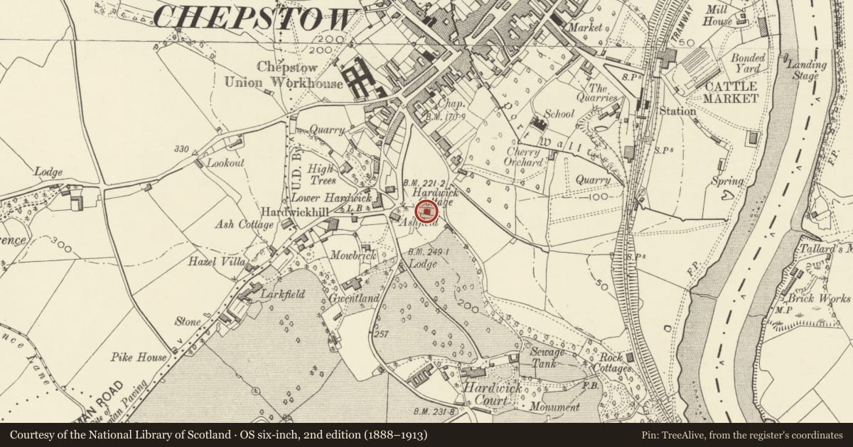 Ordnance Survey six-inch map, 2nd edition (1888–1913) covering the location of Hardwick Cottage, Chepstow, Monmouthshire, with a pin at the register's coordinates