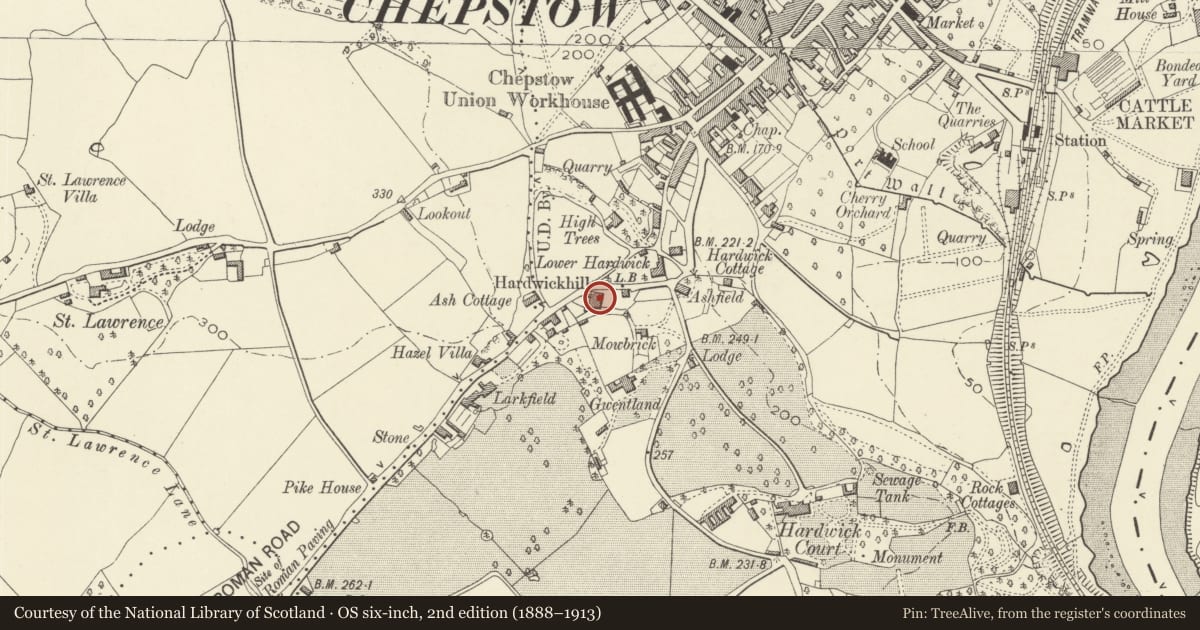 Ordnance Survey six-inch map, 2nd edition (1888–1913) covering the location of Hardwick Hill House, Chepstow, Monmouthshire, with a pin at the register's coordinates