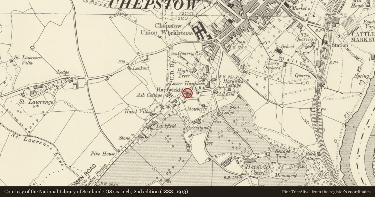 Ordnance Survey six-inch map, 2nd edition (1888–1913) covering the location of 2 and 3 Hardwick Hill, Chepstow, Monmouthshire, with a pin at the register's coordinates