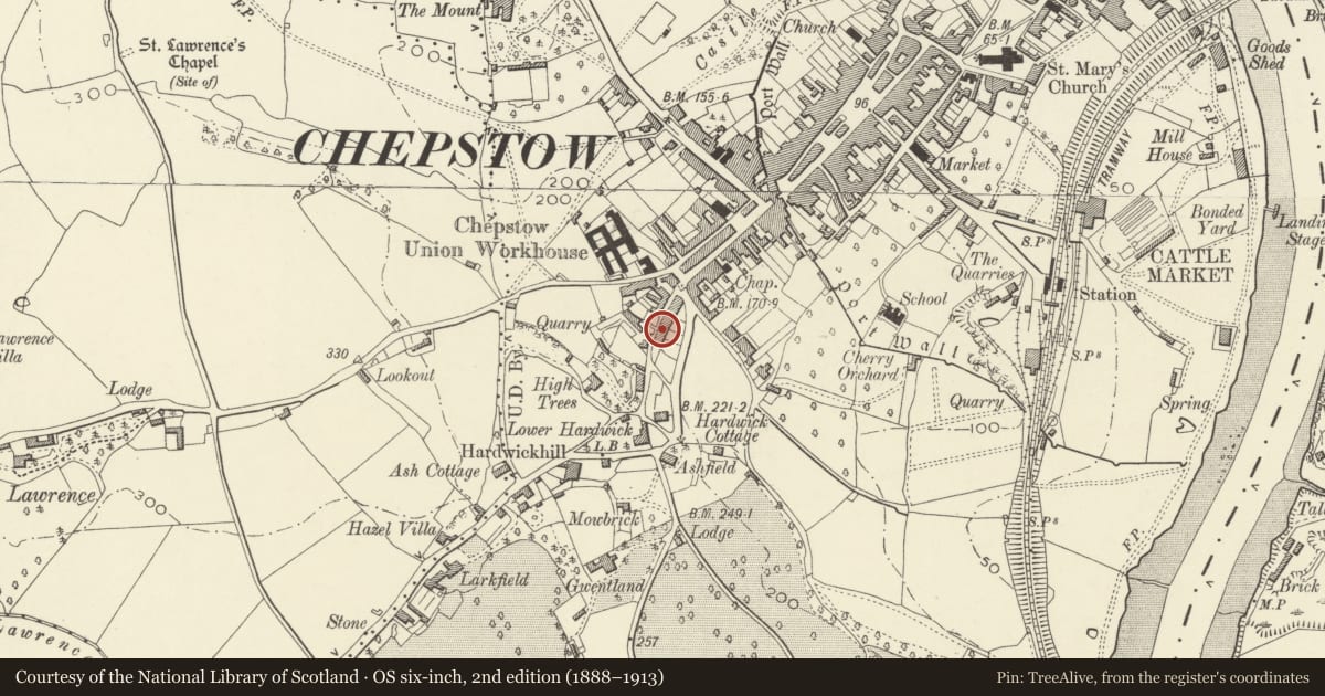 Ordnance Survey six-inch map, 2nd edition (1888–1913) covering the location of 3 Mount Pleasant, Chepstow, Monmouthshire, with a pin at the register's coordinates