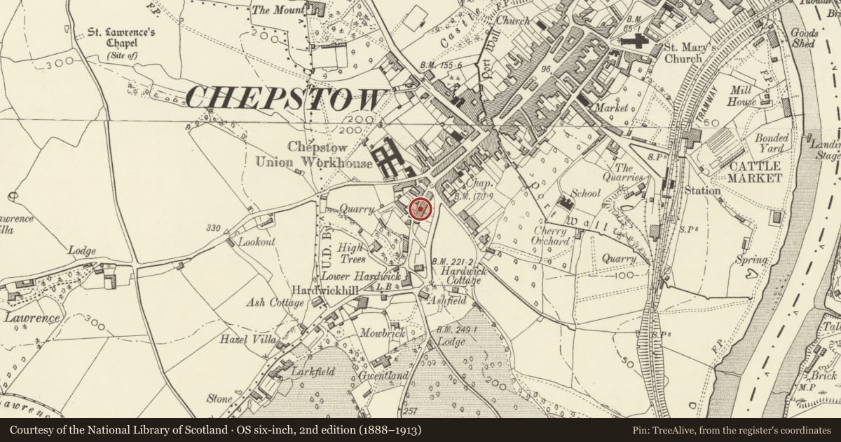 Ordnance Survey six-inch map, 2nd edition (1888–1913) covering the location of 4 Mount Pleasant, Chepstow, Monmouthshire, with a pin at the register's coordinates