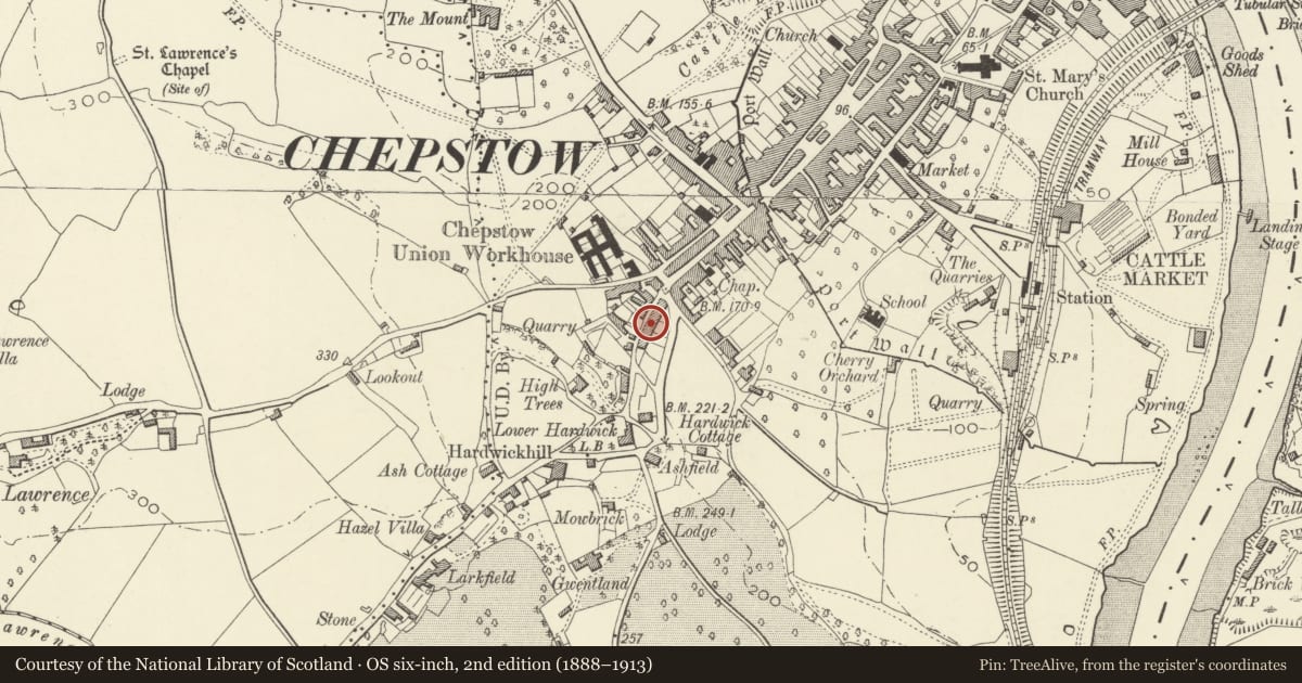 Ordnance Survey six-inch map, 2nd edition (1888–1913) covering the location of 5 Mount Pleasant, Chepstow, Monmouthshire, with a pin at the register's coordinates