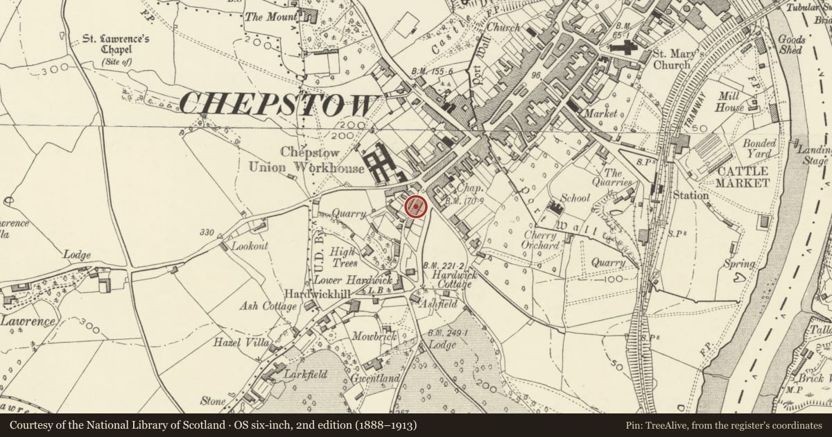 Ordnance Survey six-inch map, 2nd edition (1888–1913) covering the location of 7 Mount Pleasant, Chepstow, Monmouthshire, with a pin at the register's coordinates