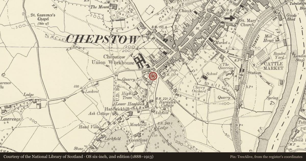 Ordnance Survey six-inch map, 2nd edition (1888–1913) covering the location of 14 Steep Street, Chepstow, Monmouthshire, with a pin at the register's coordinates