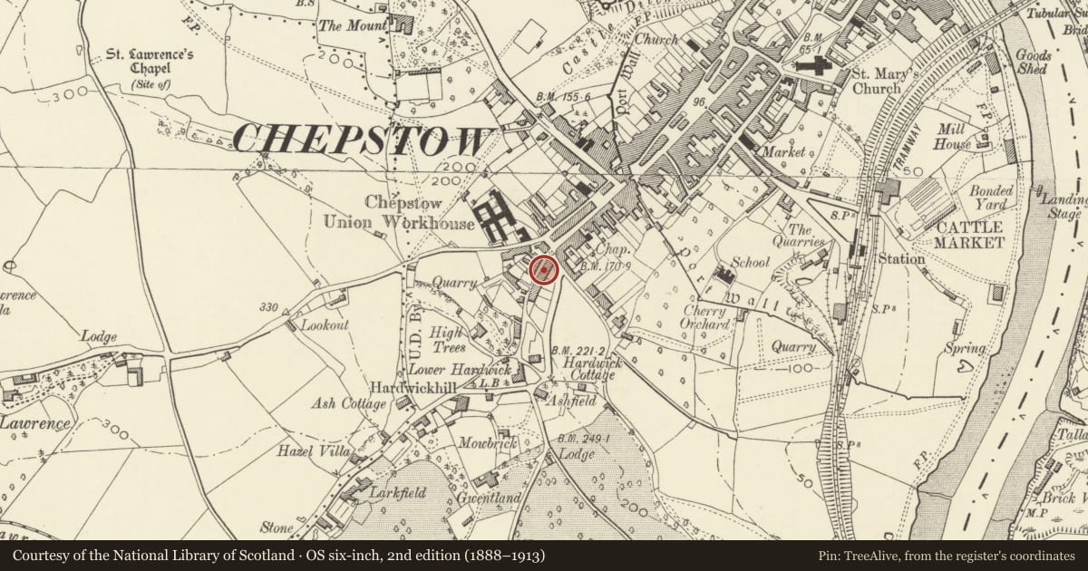 Ordnance Survey six-inch map, 2nd edition (1888–1913) covering the location of 8 Mount Pleasant, Chepstow, Monmouthshire, with a pin at the register's coordinates