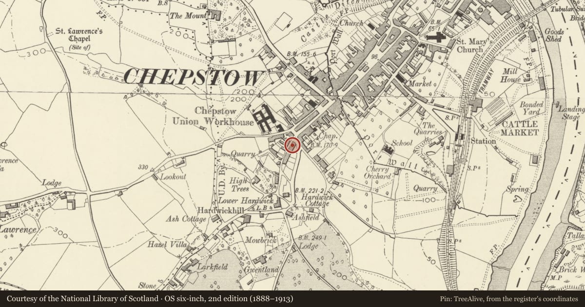 Ordnance Survey six-inch map, 2nd edition (1888–1913) covering the location of 9 Mount Pleasant, Chepstow, Monmouthshire, with a pin at the register's coordinates