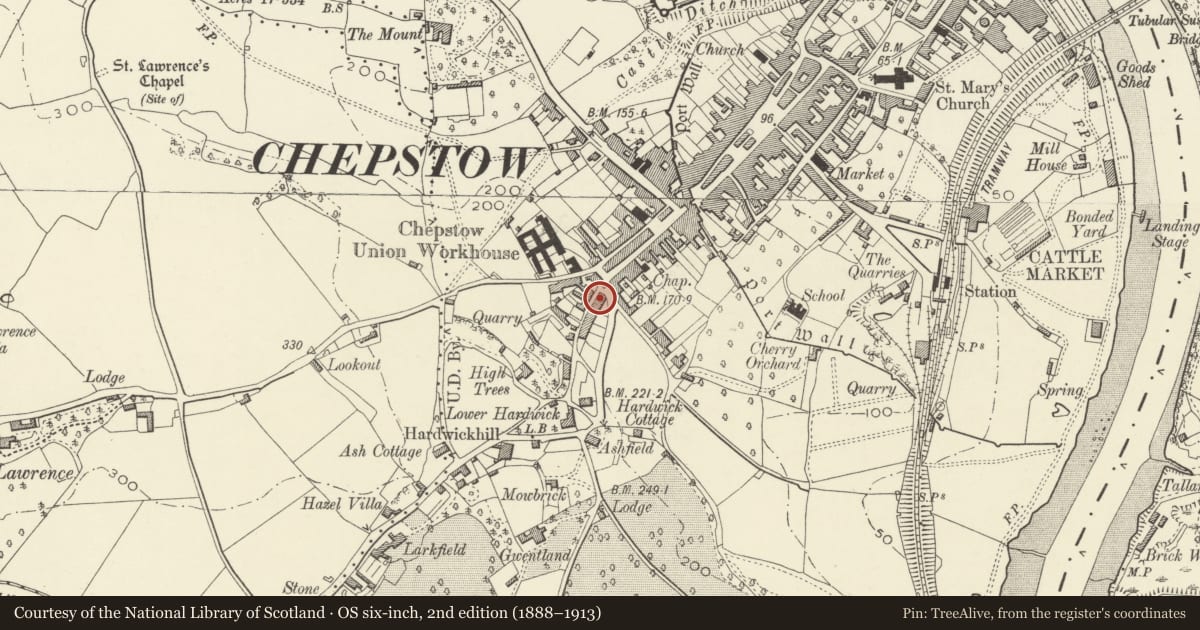 Ordnance Survey six-inch map, 2nd edition (1888–1913) covering the location of 10 Mount Pleasant, Chepstow, Monmouthshire, with a pin at the register's coordinates