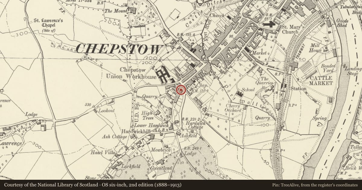 Ordnance Survey six-inch map, 2nd edition (1888–1913) covering the location of 11 Mount Pleasant, Chepstow, Monmouthshire, with a pin at the register's coordinates