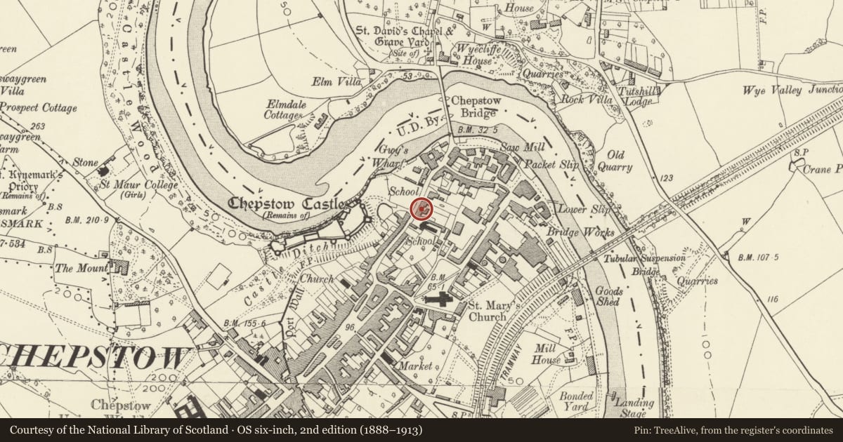 Ordnance Survey six-inch map, 2nd edition (1888–1913) covering the location of 15 Bridge Street, Chepstow, Monmouthshire, with a pin at the register's coordinates