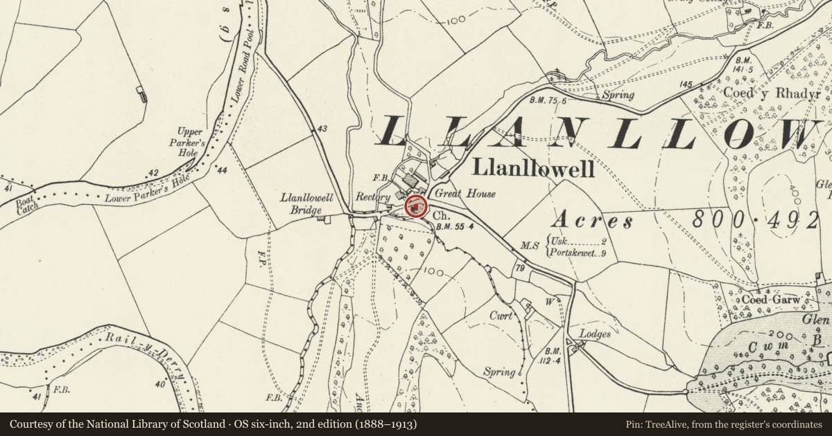 Ordnance Survey six-inch map, 2nd edition (1888–1913) covering the location of Church of Saint Llywel, Llantrisant Fawr, Monmouthshire, with a pin at the register's coordinates