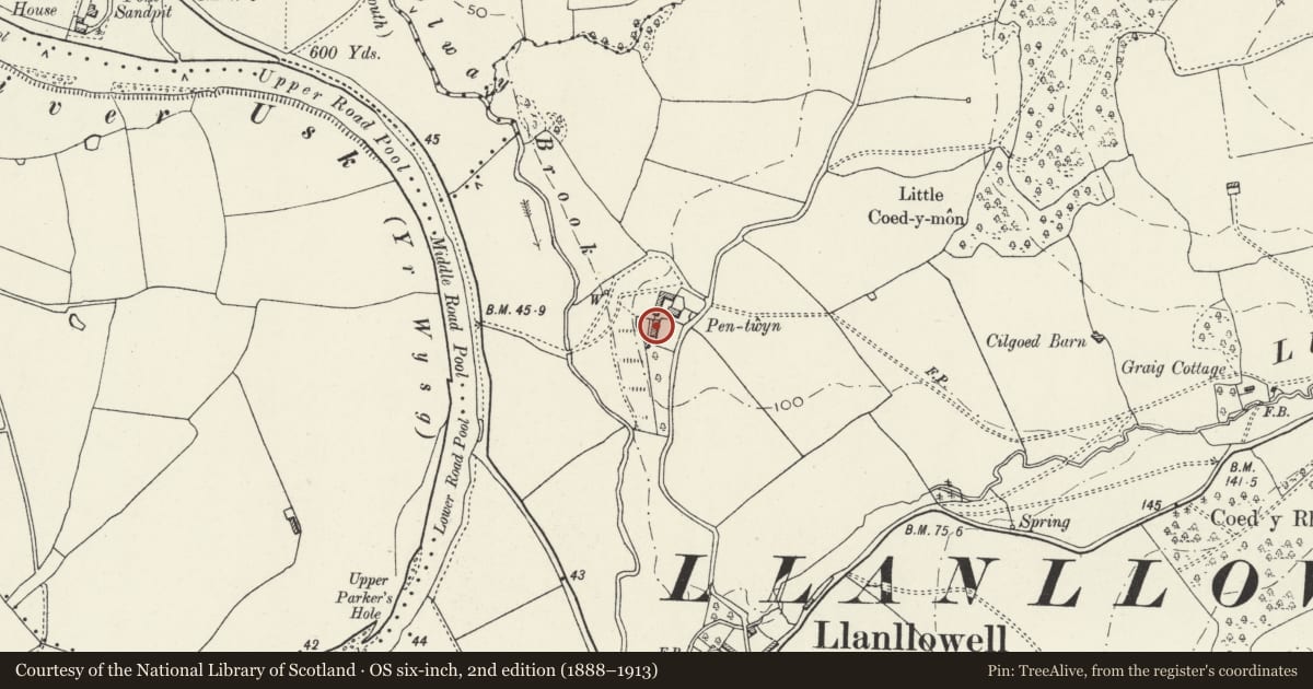 Ordnance Survey six-inch map, 2nd edition (1888–1913) covering the location of Pentwyn, Llantrisant Fawr, Monmouthshire, with a pin at the register's coordinates