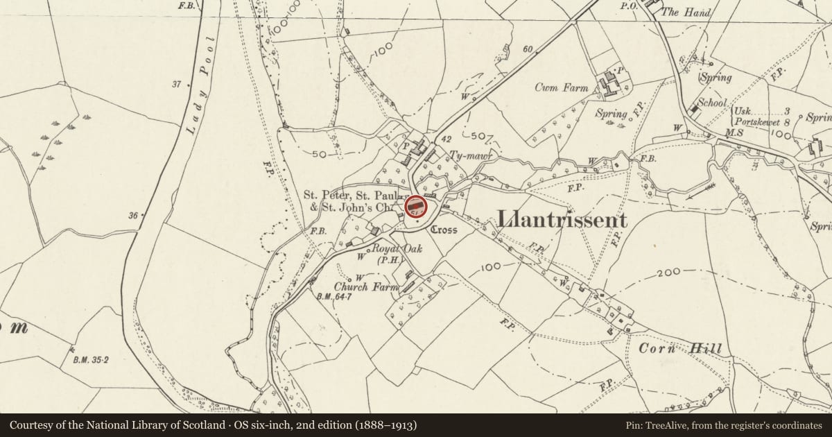 Ordnance Survey six-inch map, 2nd edition (1888–1913) covering the location of Church of Saints Peter, Paul and John, Llantrisant Fawr, Monmouthshire, with a pin at the register's coordinates