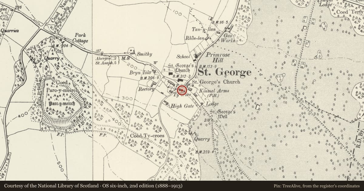 Ordnance Survey six-inch map, 2nd edition (1888–1913) covering the location of Telephone Call-box adjoining St George's House, Abergele, Conwy, with a pin at the register's coordinates