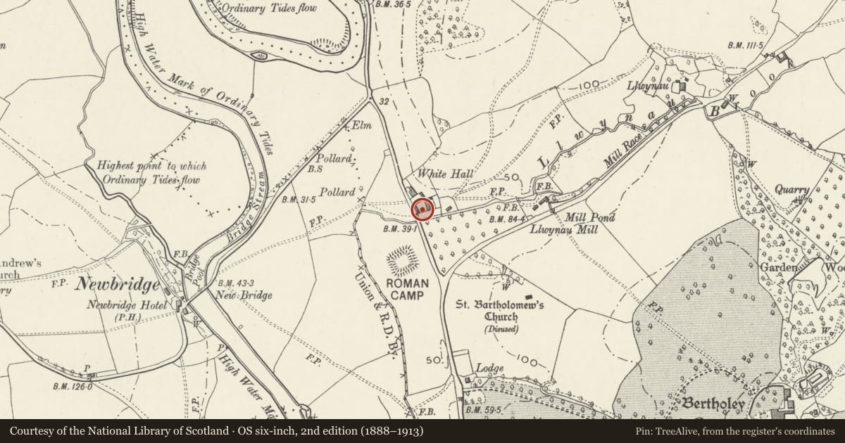 Ordnance Survey six-inch map, 2nd edition (1888–1913) covering the location of Farm building SE of Whitehall Farmhouse, Llantrisant Fawr, Monmouthshire, with a pin at the register's coordinates