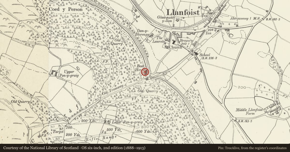 Ordnance Survey six-inch map, 2nd edition (1888–1913) covering the location of Llanfoist Wharf Boathouse, Beacon Park Boats, Llanfoist Fawr, Monmouthshire, with a pin at the register's coordinates