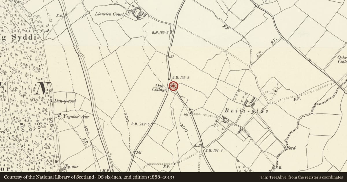 Ordnance Survey six-inch map, 2nd edition (1888–1913) covering the location of Oak Cottage, Llanfoist Fawr, Monmouthshire, with a pin at the register's coordinates
