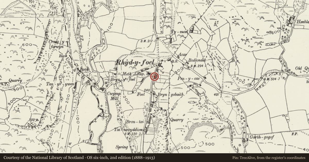 Ordnance Survey six-inch map, 2nd edition (1888–1913) covering the location of Telephone Call-box outside Post Office Stores, Llanddulas and Rhyd-y-Foel, Conwy, with a pin at the register's coordinates