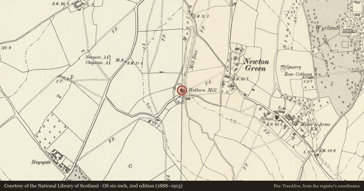 Ordnance Survey six-inch map, 2nd edition (1888–1913) covering the location of Mathern Mill and attached house, Monmouthshire, with a pin at the register's coordinates