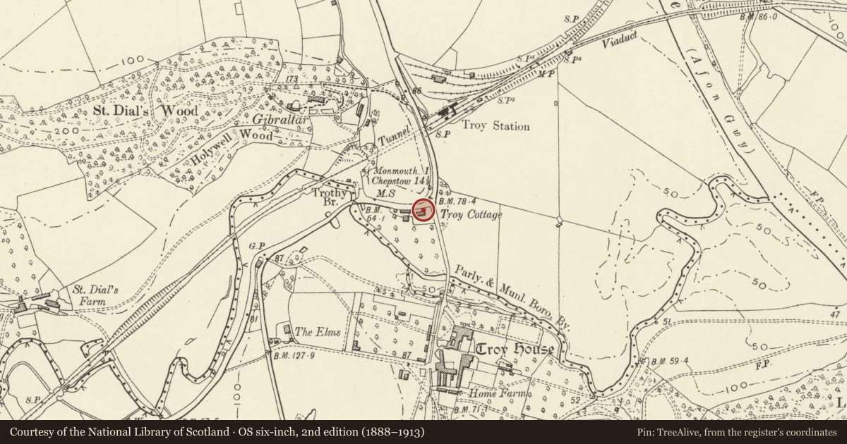 Ordnance Survey six-inch map, 2nd edition (1888–1913) covering the location of Troy Cottage, Monmouth, Monmouthshire, with a pin at the register's coordinates