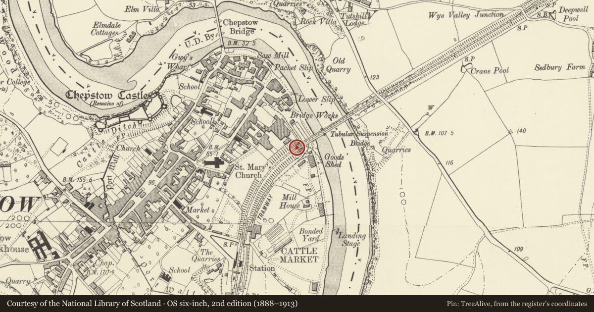 Ordnance Survey six-inch map, 2nd edition (1888–1913) covering the location of Piers and SW abutment of Brunel's railway bridge over River Wye, Chepstow, Monmouthshire, with a pin at the register's coordinates