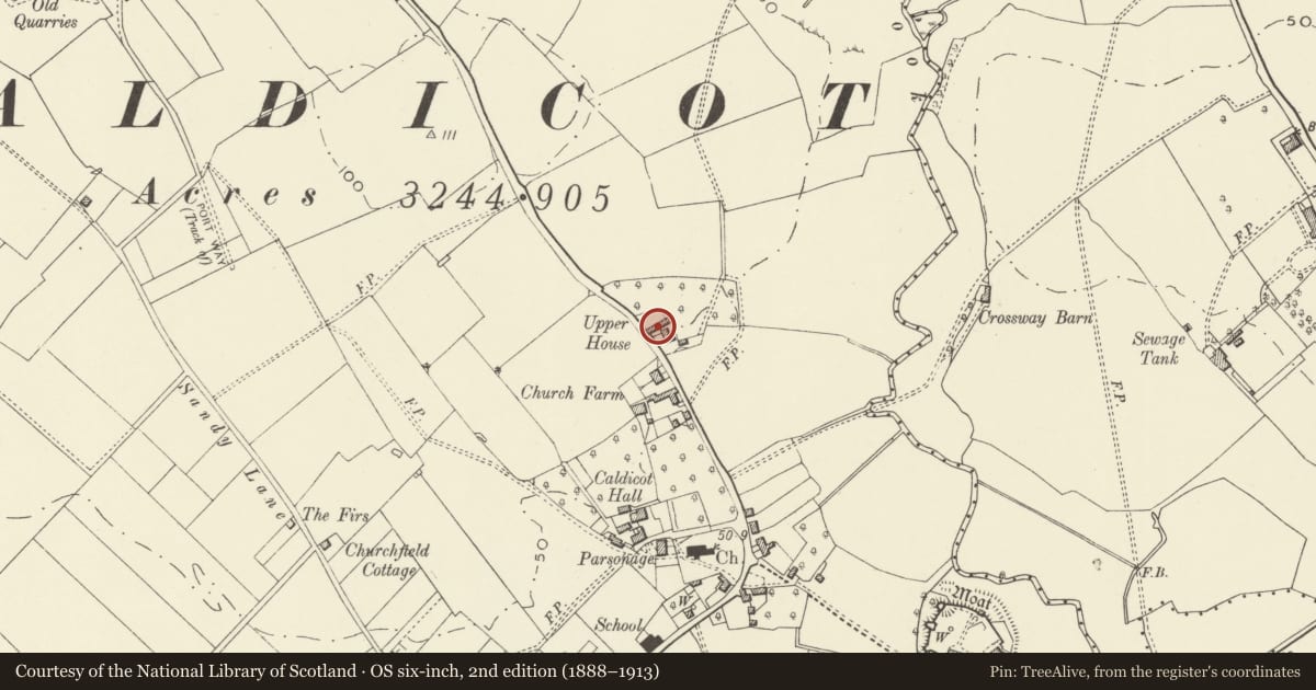 Ordnance Survey six-inch map, 2nd edition (1888–1913) covering the location of Upper House, Caldicot, Monmouthshire, with a pin at the register's coordinates